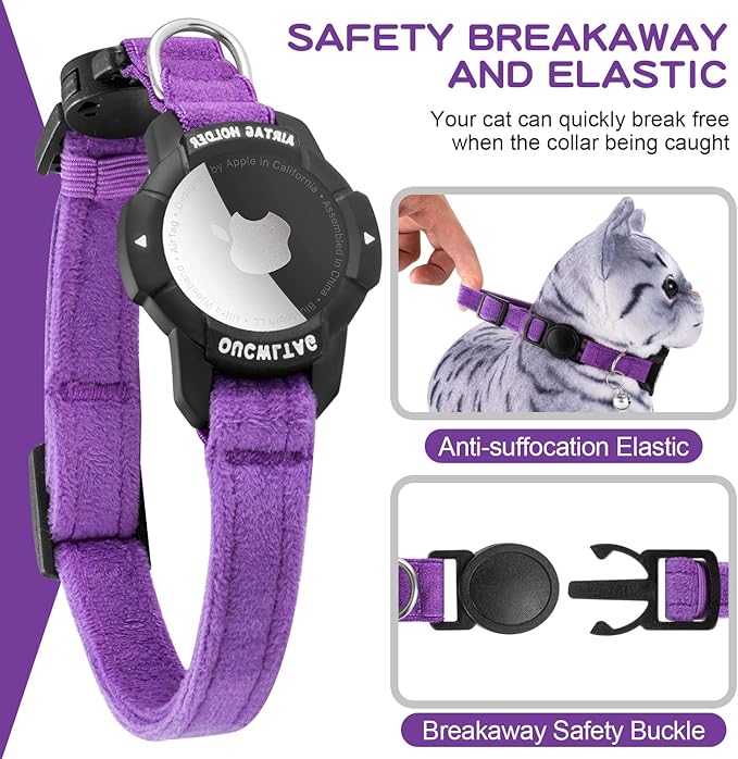 Luminous AirTag Cat Collar Breakaway, OUCWLTAG GPS Cat Collar with Apple Air Tag Holder, Cat Tracker Collars with Safety Elastic Band for Girl Boy Cats, Kittens and Puppies (Purple, 9-13 Inch)