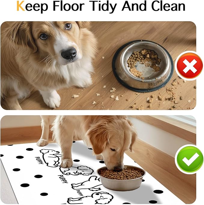 Puppy Pattern Pet Feeding Mat 24x16 Inch Polka Dot Pet Feeding Area Mat Pet Food Mat Pet Mats for Food and Water Dog Mat for Food and Water Indoor Feeding Corner Kitchen Floor Decor