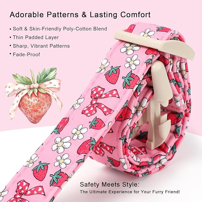 Strawberry Bow Dog Collar for Large Dogs - Cute Pink Spring/Summer Girl Dog Collars, Lightweight Adjustable Female Girly Dogs Collars with Quick Release Buckle L
