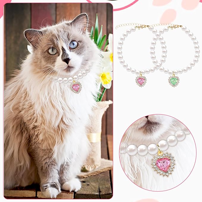 2PCS Kitten Collars Pearl Cat Dog Collar with Small Heart Shape Rhinestone, Cat Collars for Girl Cats, Adjustable Dog Pearl Necklace Collar for Small Dogs and Cats, Pink + Green