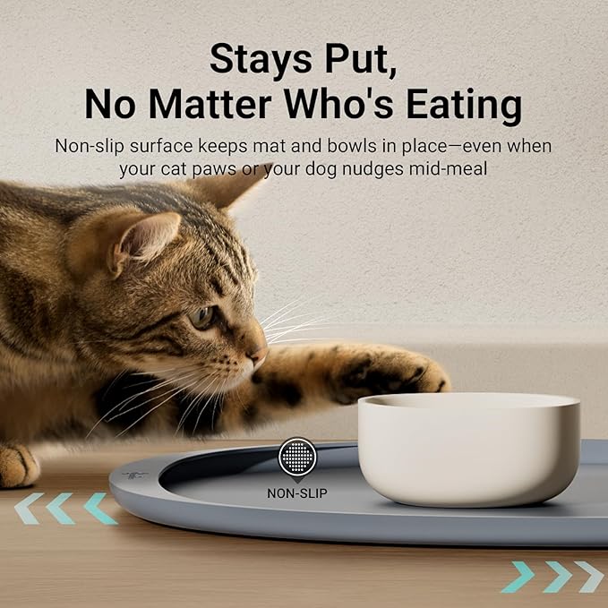 DownyPaws Cat Food Mats for Floors Waterproof, BPA Free Silicone Pet Feeding Mat, Non-Slip Pet Food Mat with High Raised Edge, Cat Placemat for Messy Drinkers, 18"×12.5", Gray