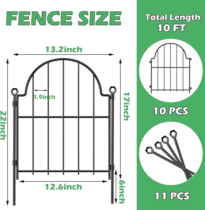 Garden Fence, 22 in(H) x 10.83 ft(L) Arched Rustproof Metal No Dig Fence Garden Fence Border, Ground Stake Animal Barrier Fence for Rabbit Dog, Outdoor Decor for Yard & Patio