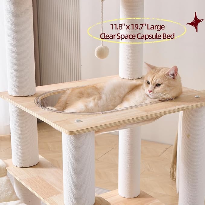 SHENGOCASE Modern Natural Wooden Wood Cat Tree Tower Condo, Extra Large Top Platform Perch, 57" Tall, Big Clear Capsule Bowl Bed, for Maine Coon Indoor Cats