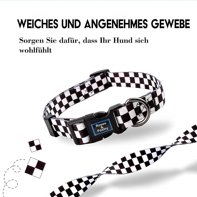 Roses&Poetry Dog Collar with Colourful Checkered Patterns, Adjustable Durable Puppy Collars for Small Medium Large Dogs (Black & White-S)