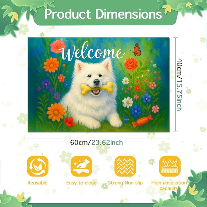 Welcome Spring Pet Feeding Mat 24" x 16"White Dog Floral Design Non Slip Cat and Dog Bowl Mat Easy Clean Pet Mats for Food and Water Fast Dry Pet Food Mat Absorbable Pet Feeding Pad