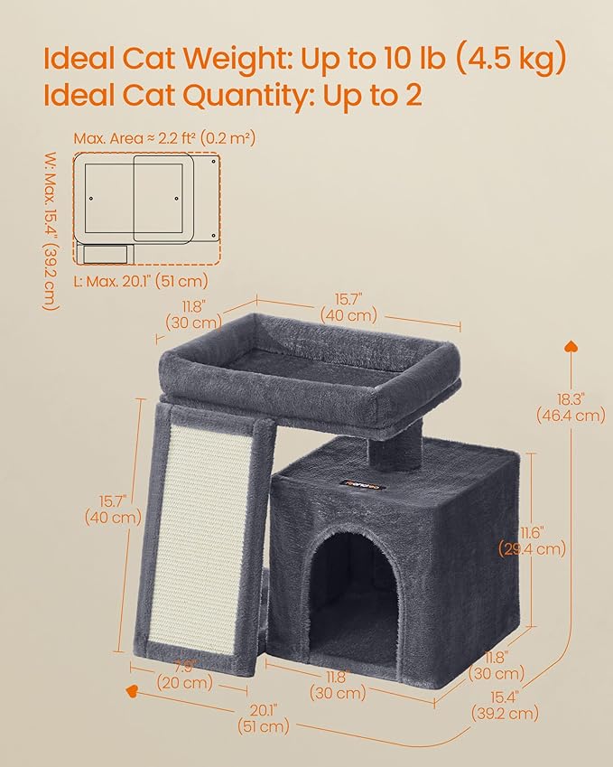 Feandrea Small Cat Tree, Cat Tower Condo, Scratching Ramp, Large Top Perch, Cave, 20.1 x 15.4 x 18.3 Inches, Dark Gray UPCT010GS02S