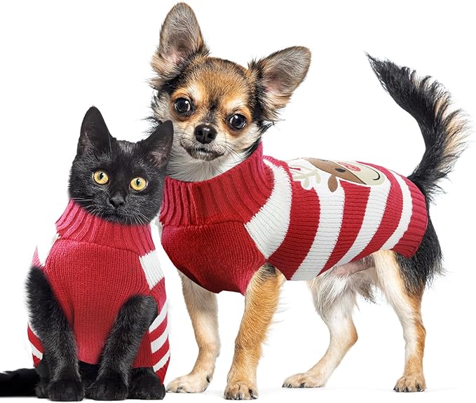 Dog Christmas Sweater Cute Striped Reindeer Xmas Pet Clothes Holiday Puppy Cat Costume New Year Gifts for Small Medium Large Dogs Jumpers (XL, Red White Stripe Reindeer)