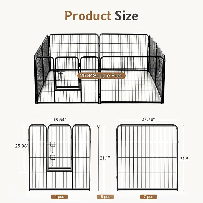 DUMOS Dog Playpen Indoor, Metal 32 Inch 8 Panels Foldable Pet Fence with Door, Outdoor Small Medium Large Dog Puppy Portable Exercise Play Pen for RV Camping, Trips, Play Yard