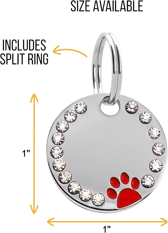 Paw Shape Dog ID Tag Stainless Steel Custom Laser Engraved, Cute Bling Glitter Pet Name Tags Personalized with Durable Engraving (Silver Round Crystals Paw)