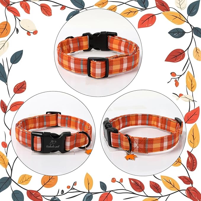 Fall Dog Collar Cute Orange Plaid Puppy Collar - Light Comfortable Adjustable Pet Collars for Small Medium Large Girl Boy Dogs L