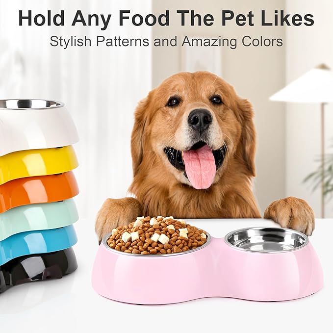 Elevated Dog Bowls Set - Non-Slip Raised Pet Feeder with Medium (10 oz) & Large (20 oz) Stainless Steel Bowls - Includes Durable Resin Stand for Corgi Puppies and Adult Cats - Pink