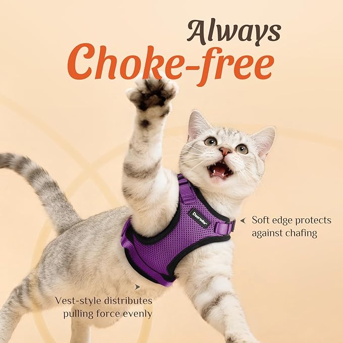 Dooradar Cat Harness and Leash Set, Escape Proof Safe Adjustable Kitten Vest Harnesses for Walking, Easy Control Soft Breathable Mesh Jacket with Reflective Strips for Cats, Purple, XS