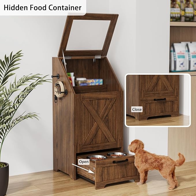 Dog Feeding Station with Storage Cabinet and 2 Elevated Dog Bowls, Hidden Pet Food Storage Organizer for Dog &Cat,Modern Dogs Furniture (Walnut)