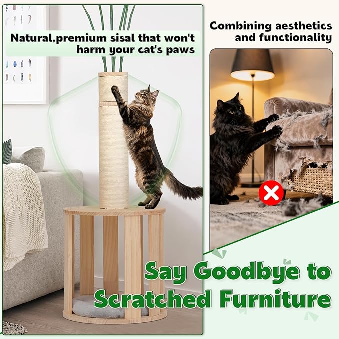 82.7'' Tall Modern Cat Tree for Indoor Cats,Artificial Areca Palm Tree Cat Tower with Solid Wood Cat Bed,Nature Sisal Scratching Post,Removable Mat,Aesthetic Cat Activity Center for Small Medium Cats