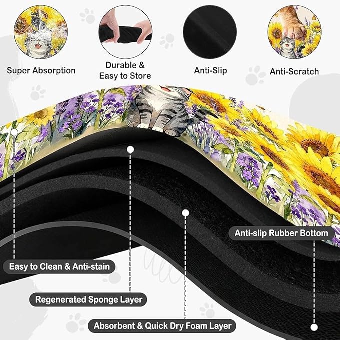 Dog Food Mat for Pet Cat Food Mat, Sunflower Absorbent Quick Dry Dog Bowl Mats for Food and Water, Non-Slip Cat Pet Feeding Mats for Floor Placemats 12"x20"