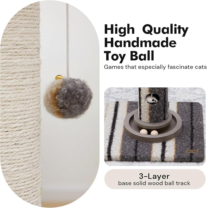 34inches Cat Scratching Post Sisal Cat Scratcher with Cat Ball Track Toy Heavy Duty and Thicker Large Diameter Natural for Adult Cats and Kitty Protect Your Furniture（Grey）