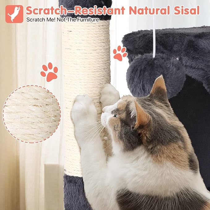 Large Cat Tree with Scratching Post, 54in, Wooden Frame, Sisal Ropes, 3 Platforms, 2 Hanging Balls, 2 Cushions, Light Gray