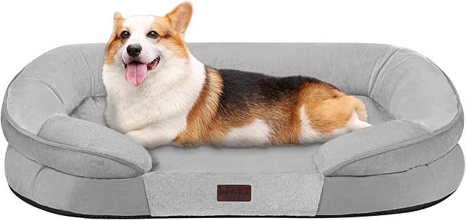Dwanton Orthopedic Dog Bed for Medium Dogs with Gel Memory Foam, Waterproof Dog Sofa, Washable Pet Bed with Four Sided Bolster Cushion, Removable Cover & Non-Slip Bottom, 35", Light Gray