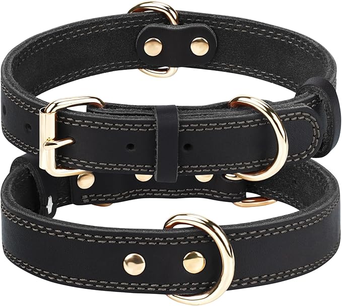 Joytale Leather Dog Collar for Medium Dogs, Genuine Thick Solid Leather, Heavy Duty Sturdy Pet Collar, Adjustable Metal Pin Buckle for Reliable Daily Training and Walking, Black, M