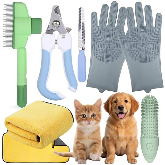 Cat&Dog Grooming Kit-6PCS for Cat Flea Comb, Dog Brush For Shedding,Pet Nail Clippers For Dogs,Pet Grooming Gloves, Dog Finger Toothbrush & Dog Bath Towel- Perfect Cat Grooming Supplies
