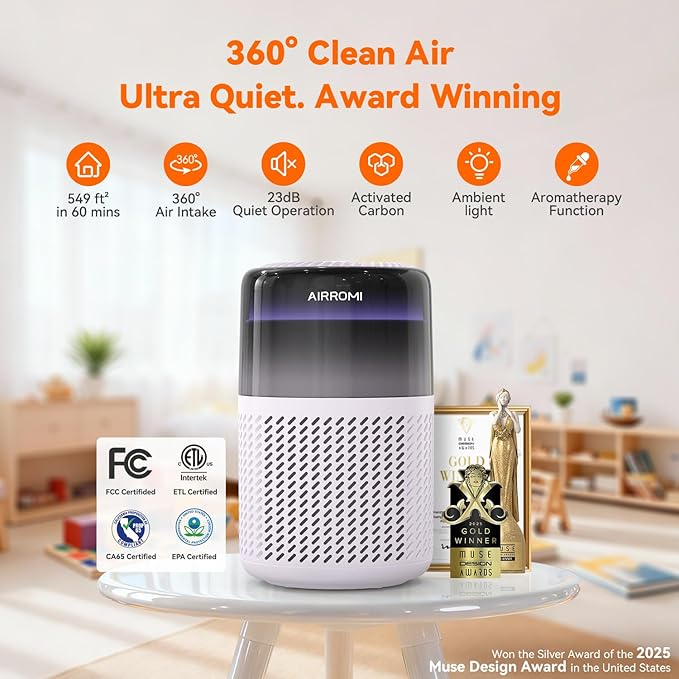 AIRROMI HEPA Air Purifier for Bedroom&Home,Pet Air Purifier for Home Pets,Removes Pet Odor,Cat Litter Smell,Dust,Smoke&Allergies,Quiet Room Air Purifier with Scents,360°Air Cleaner,A2005 Purple