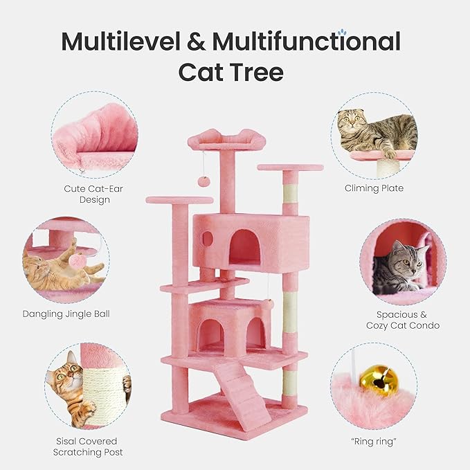 54 Inches Cat Tree Tower Condo Furniture, Cat Tower with Scratching Post, Multi-Level Climbing Tree Cat House Padded Plush Perch, Kittens Pet Play House, Light Gray