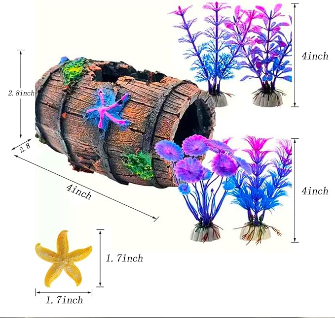 Fish Tank Decoration for Aquarium Tank, Betta Fish Tank Accessories Starfish Barrel x 1pc, Aquarrium Decor Aquatic Plants x 4pcs, Aquarium Decor Starfish x 1pcs.