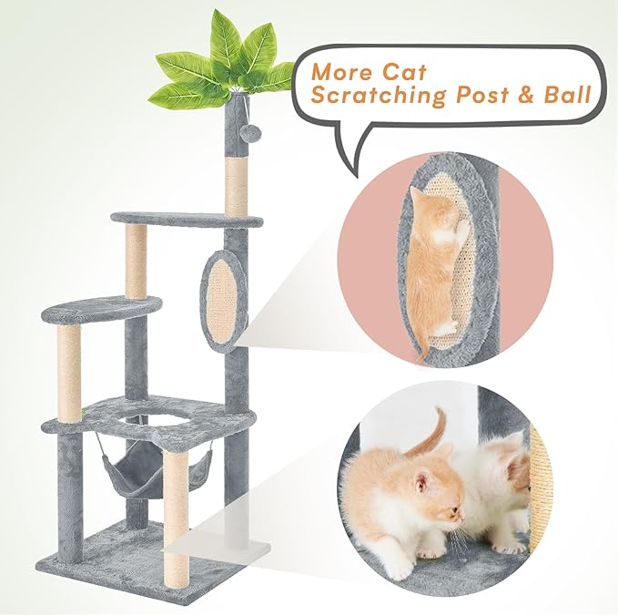 Cat Tree for Indoor Cats, 55 Inch Cat Tower with Rotating Scratching Board, 4 Sisal Posts & Leaf Top Design, Modern Cat Furniture for Multiple Cats (No House), Grey