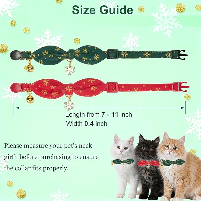 Bunny Ear Christmas Bowtie Cat Collar with Bell 2 Pack Cotton Breakaway Snowflakes Holiday Kitten Collars(Red+Green)