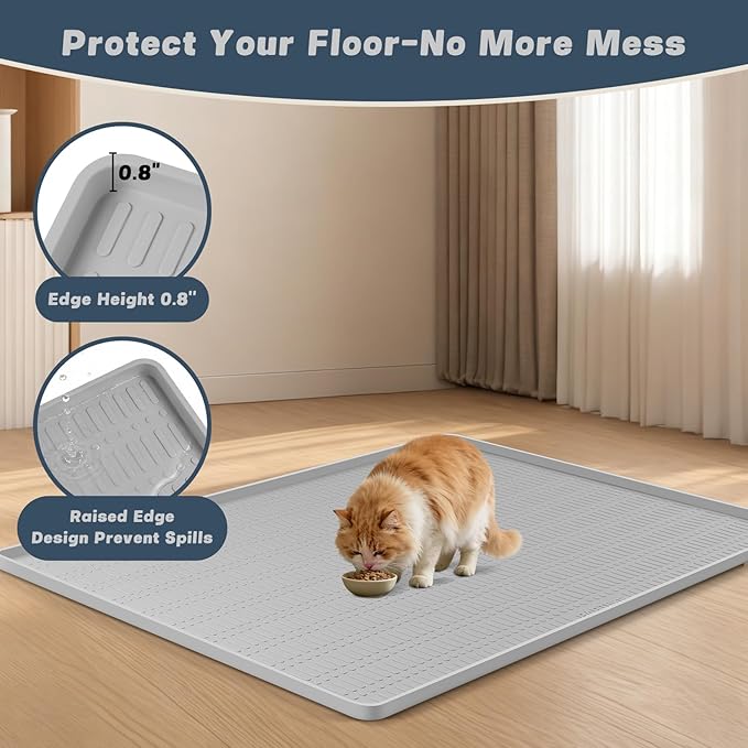 47" x 35" Silicone Cat Food Mat, Waterproof Pet Feeding Mat with Raised Edge, Extra Large Cat Bowl Mat Water Bowl Placemats for Cats, Non-Slip, Protects Floors, Easy to Clean (Light Gray)