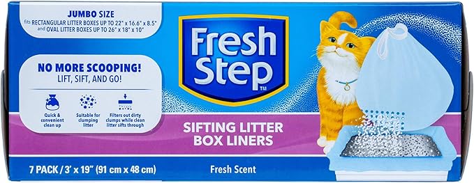 Fresh Step Jumbo Sifting Drawstring Cat Litter Box Liners, Heavy Duty Kitty Litter Bags for Extra Large Oval or Rectangle Pans, Helps Separate Waste for Easier Cleanup, 36 x 19 in, 7 Ct