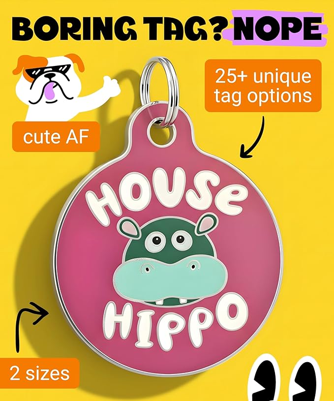 Bad Tags Personalized Dog and Cat ID Tags in 25+ Designs and 2 Sizes - 5 Lines of Custom Engraved Text - Funny Cute Personalized Pet Tags (House Hippo - Pink, Small (1 inch))