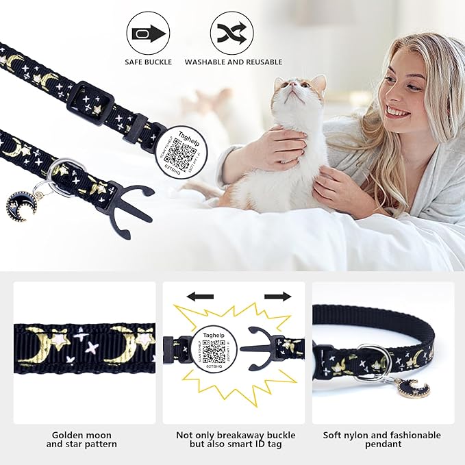 Stars and Moon AirTag Collar with AirTag Holder & Bell,Air Tag Cat Collar for Apple. Solid & Safe, Pet Collar, Breakaway Cat Collar,Smart QR Code Cat ID Tags - Pet Online Profile(Pink)