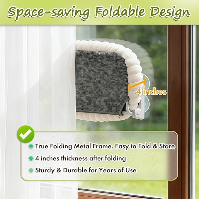 2PC Cat Window Perch with Bolster Foldable Cat Hammock Cushion Bed for Window with Metal Frame, Cloud-Cuddle Cordless Window Resting Seat for Indoor Cats (Cushion Bed, White-M)