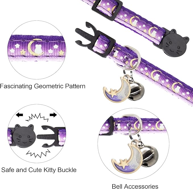 2 Pack Breakaway Cat Collar with Bells,Adjustable Moon and Star Kitten Safety Collars for Boys & Girls,Purple+Teal