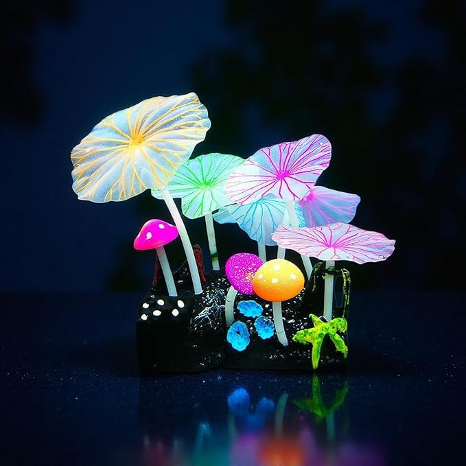 4-Pack Silicone Fluorescent Aquarium Plants & Decor - Realistic Jellyfish, Mushrooms for All Fish Tanks, Essential Decorations
