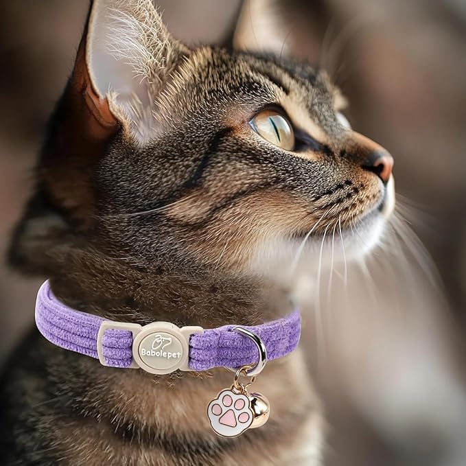 2 Pack Corduroy Cat Collars - Cute Breakaway Cat Collar with Bell and Paw Pendant, Soft Adjustable Fall Winter Kitten Collars for Girl Boy Cats, Lavender&Fuchsia