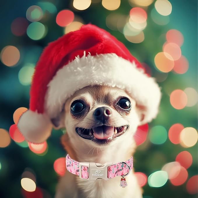 Christmas Dog Collar for Medium Dogs - Cute Xmas Tree Print Pink Christmas Collars for Dogs, Soft Adjustable Winter Holiday Dog Collars with Quick Release Buckle M