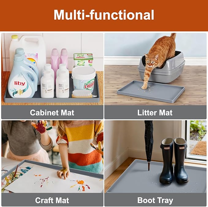 Extra Thick Silicone Mat Waterproof with Raised Edge 19” x 12”, BPA Free Non-Slip Dog & Cat Food Mat, Feeding Mat for Food and Water Bowls, Spill Proof Mat to Protect Floors, Gray