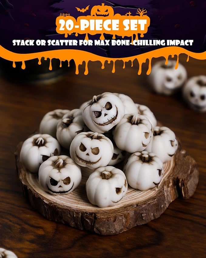 Uniclife 20 Pcs Halloween Mini Pumpkin Decorations, Halloween Fish Tank Decor, Spooky Smiling Face Mini Pumpkins, Jack-O'-Lantern Miniature Vase Fillers, White Resin Artificial Figurines