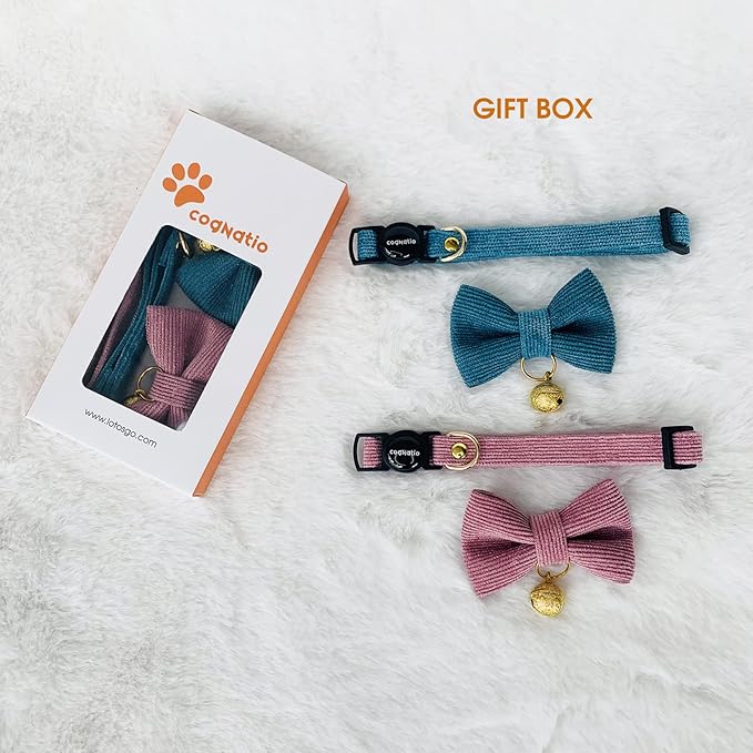Safety Quick Release Cat Collars, Soft Kitten Collars with Detachable Bow Tie and Bell, Pack of 2, Adjustable 20-30 cm (20-30cm, Carolline+Steel Blue)