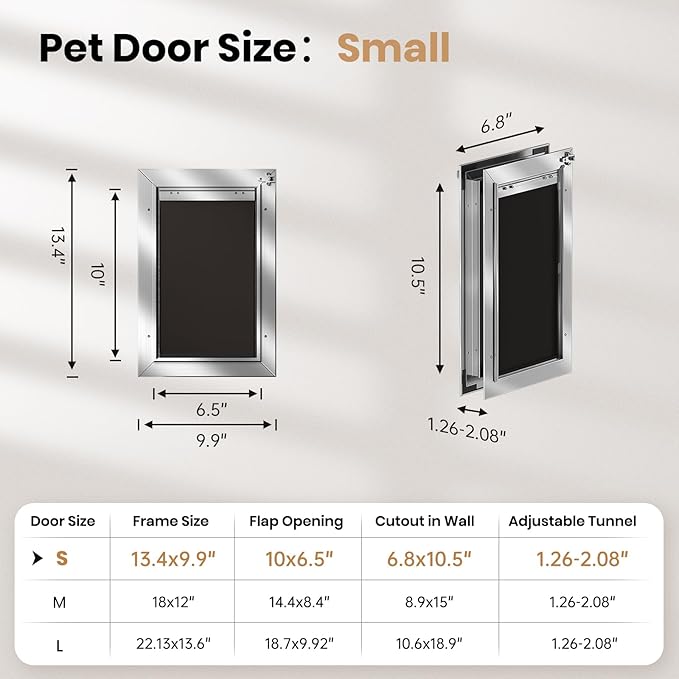 Cat Door, All Aluminum Small Dog Doggy Doggie Door for Install in Interior Exterior Doors or Wall, Heavy Duty Pet Door, 2 Magnetic Flaps, Energy Efficient, Closing Panel for Pets Up to 22Lb