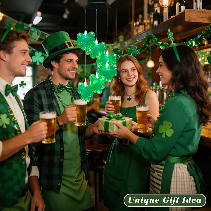 St. Patrick's Day Solar Shamrock Wind Chimes, Green Shamrock Solar Lights Outdoor Mobile Wind Chime for Party Window Garden Yard Decorations, Birthday Irish Gifts for Mom Women Grandma