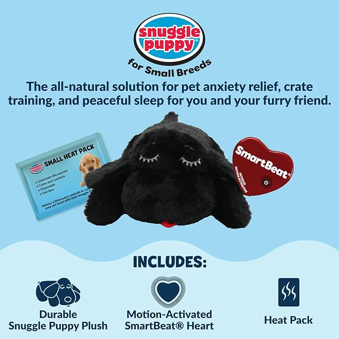 Snuggle Puppy Junior Heartbeat Puppy Toy - Heartbeat Puppy for Dogs - Pet Anxiety Relief and Calming Aid - Comfort Dog Toy - Behavioral Training and Sleep Aid Cuddle Buddy - Black
