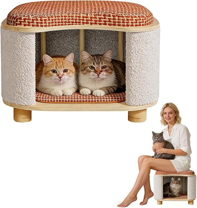 Cat Bed for Indoor Cats – Wooden Cat House with Scratching Pad, Multi-Functional Cat Furniture & Hideaway Stool, Durable Wooden Cat Cabinet Cottage for Kittens
