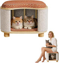 Cat Bed for Indoor Cats – Wooden Cat House with Scratching Pad, Multi-Functional Cat Furniture & Hideaway Stool, Durable Wooden Cat Cabinet Cottage for Kittens