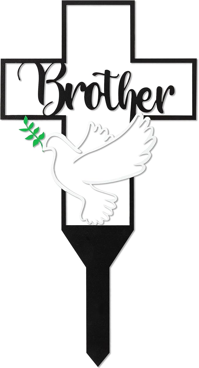 BUoonyer Garden Stake Graves Cemetery Decorations, Brother Metal Memorial Grave Markers, Cross Graveyard Commemorative Plaque for Boy, Dove Remembrance Sympathy Graveside Decor Sign for Outdoor Yard