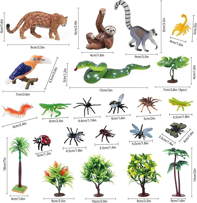 26Pcs Rainforest Animal Figures, Realistic Jungle Animals Toys with Snake Sloth Leopard Monkey Bird Insects Trees for Kids Educational Birthday Diorama Decoration Party Favor School Projects