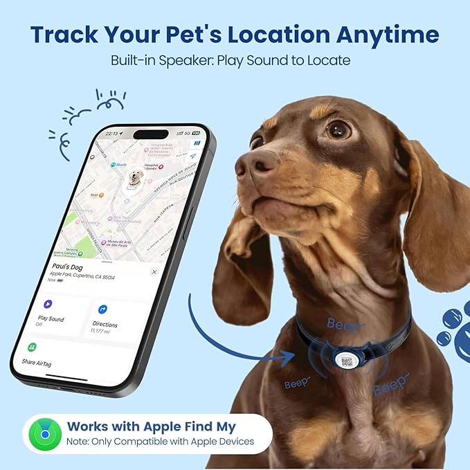 Smart Pet Tracker for Collar - Dog Trackers Location for Pet with Holder, No Monthly Fee, Real-Time Tracking, iOS Only, Emergency Contact, Long-Lasting, Anti-Lost Tracker for Cats, Bag Straps,Blue