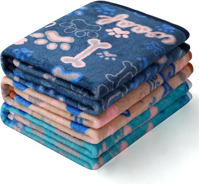 Luciphia 1 Pack 3 Blankets Fluffy Premium Fleece Pet Blanket Flannel Paw Bone Printed Throw for Dog Cat(Large 41"x31", Khaki/Blue/Navy)